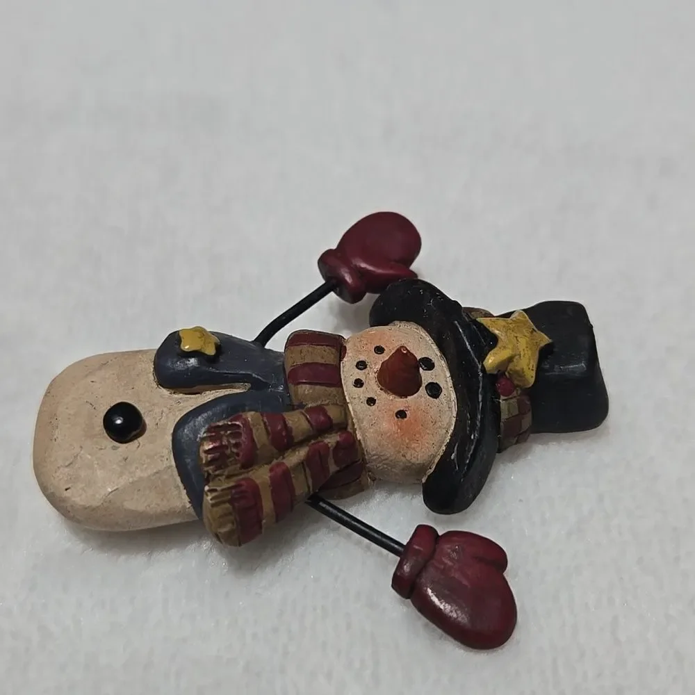 Hand Carved Wooden Snowman Brooch